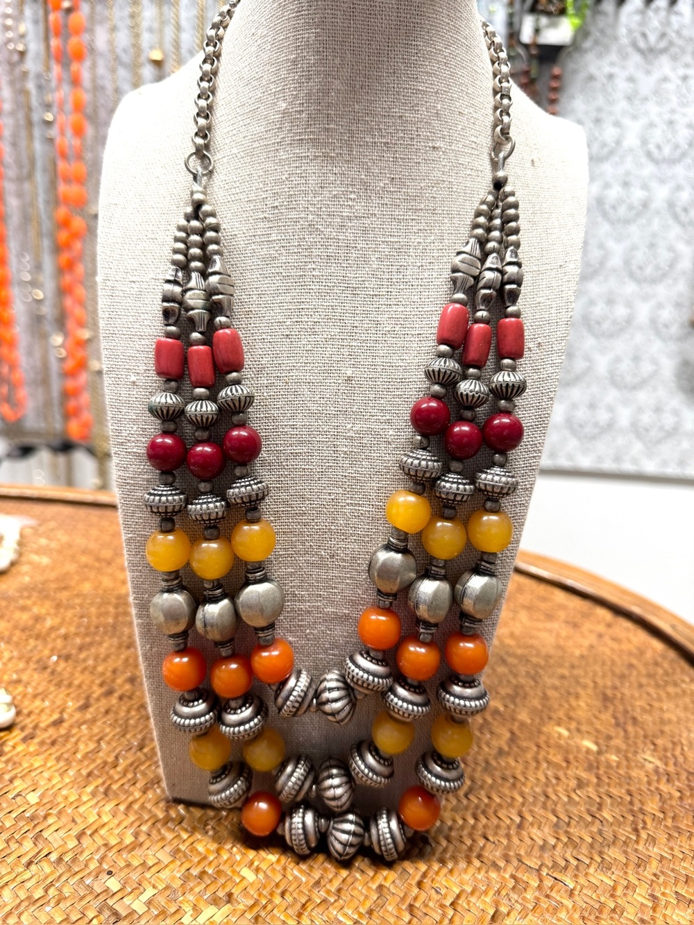 Vintage Three Strand Silver, Deep Red and Butterscotch Beaded Necklace